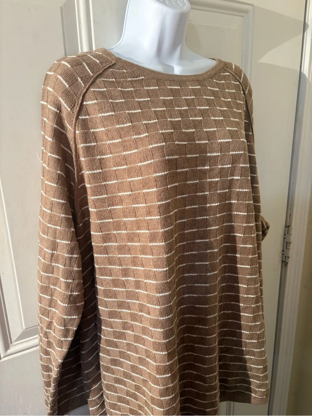 Cozy Camel Striped Knit Sweater 100% NATURAL COTTON!Thin-Light-Weight. Exc Cond!